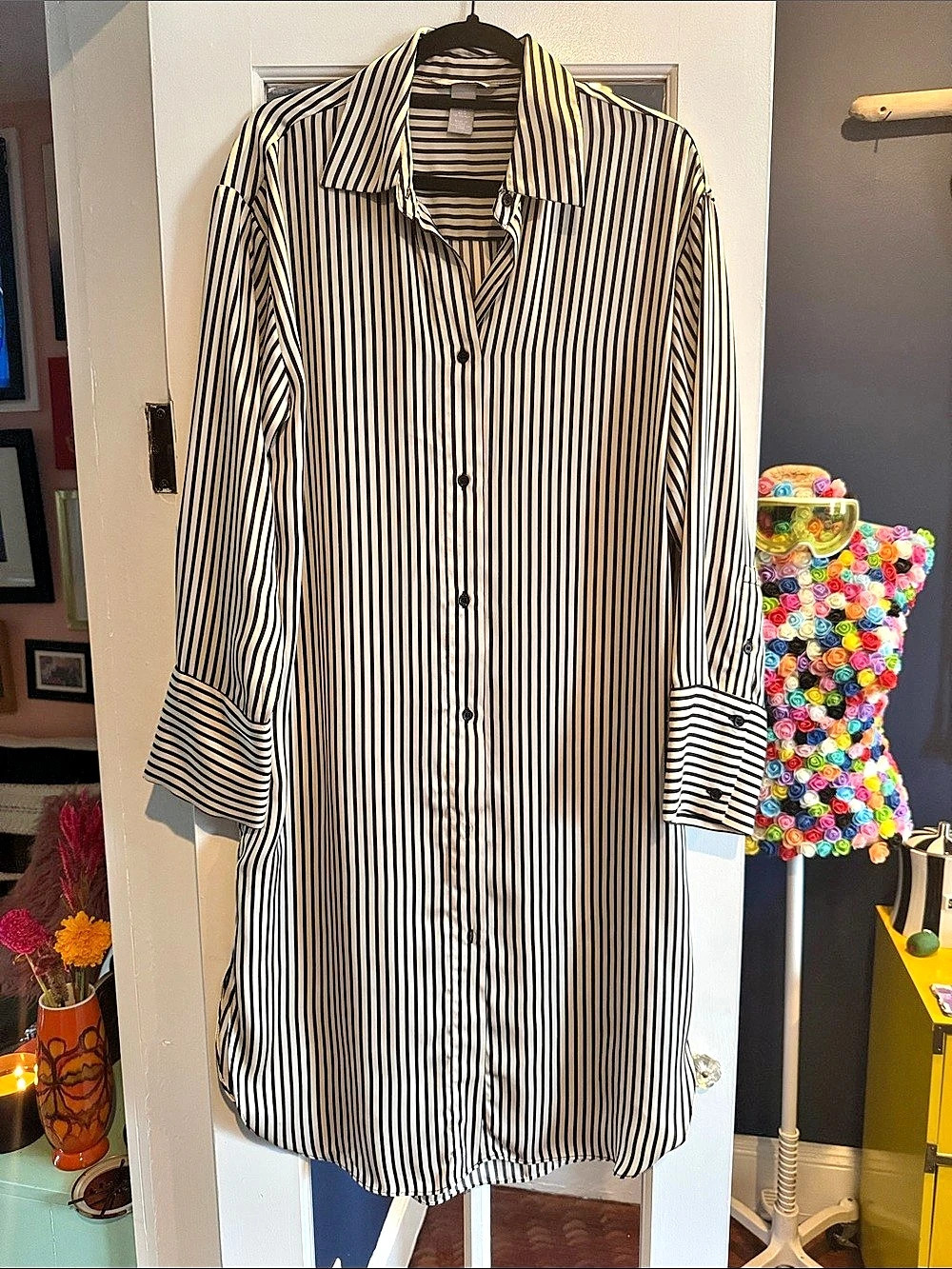 H&M Striped Button Down Shirt Dress in Black & White
